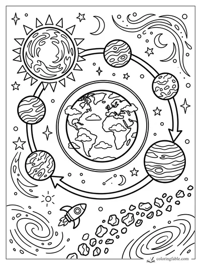 Earth coloring page with orbiting planets, arrows, sun, moons, stars, rocket, asteroids, and spiral galaxies