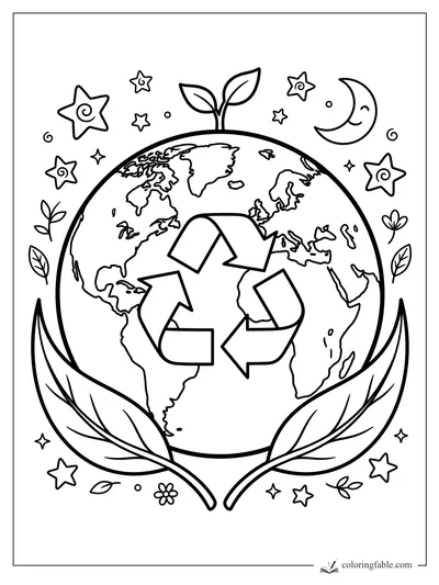 Cartoon Earth with recycling arrows, leafy hands, sprout, stars, and crescent moon coloring page