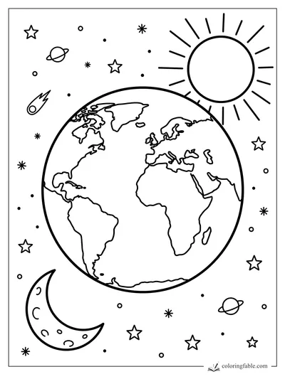 Bold easy Earth coloring page with sun, crescent moon, stars, planets, and a comet in space.