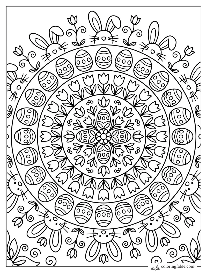 Easter mandala coloring page with bunny faces, patterned eggs, tulips, leaves, and curled vines.