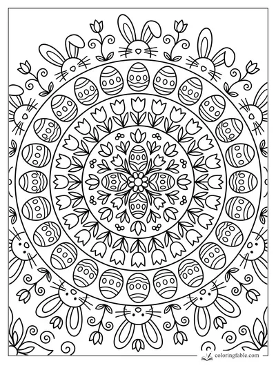 Easter mandala coloring page with bunny faces, patterned eggs, tulips, leaves, and curled vines.