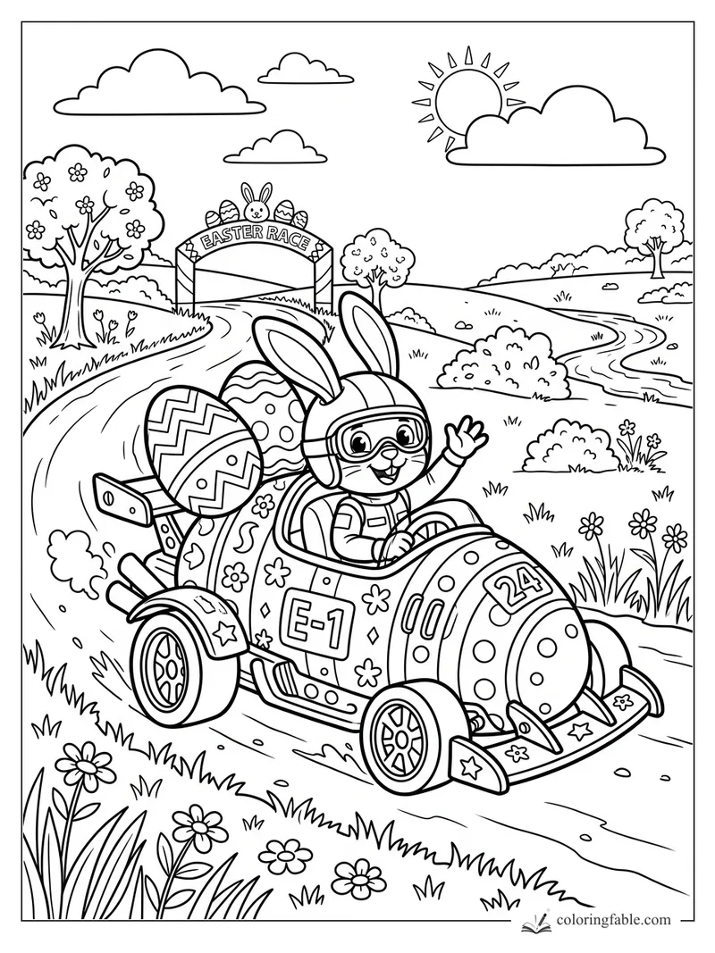 Cartoon bunny driving an Easter race car past an Easter Race arch, eggs, flowers, clouds, and sun.