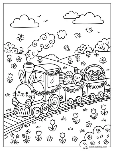 Kawaii bunny train with Easter eggs, flower garlands, butterflies, birds, and rolling hills