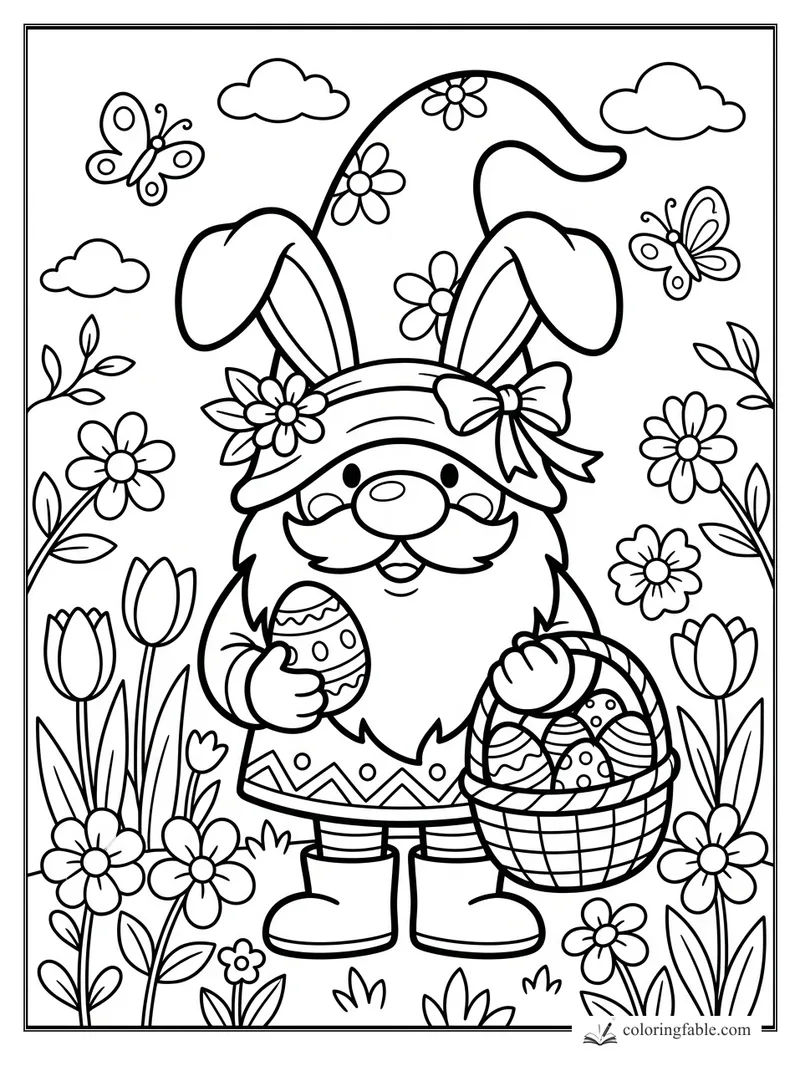Cartoon Easter gnome wearing bunny ears, holding a decorated egg and basket among flowers and butterflies.