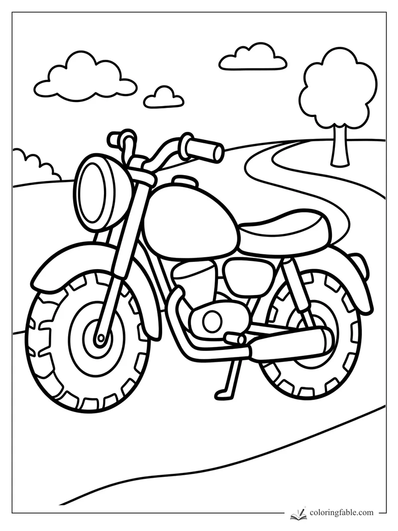 Bold easy motorcycle coloring page with big tires, clouds, a tree, and a winding road