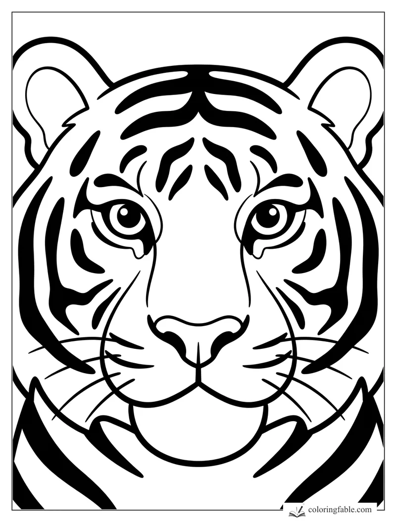 Bold easy tiger face coloring page with big eyes, stripes, ears, whiskers, and rounded muzzle.