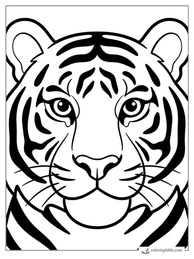 Bold easy tiger face coloring page with big eyes, stripes, ears, whiskers, and rounded muzzle.