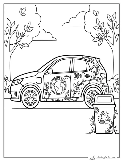 Eco-themed car with leafy vines, globe door emblem, trees, clouds, flowers, and recycling bin coloring page