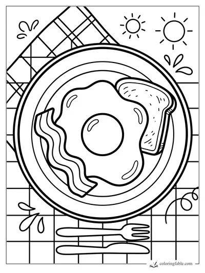 Bold coloring page of fried egg, bacon, toast, fork and knife on a checkered breakfast table