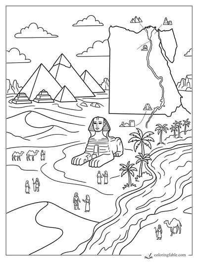 Egypt coloring page with map, pyramids, Sphinx, Nile River, palm trees, camels, and people
