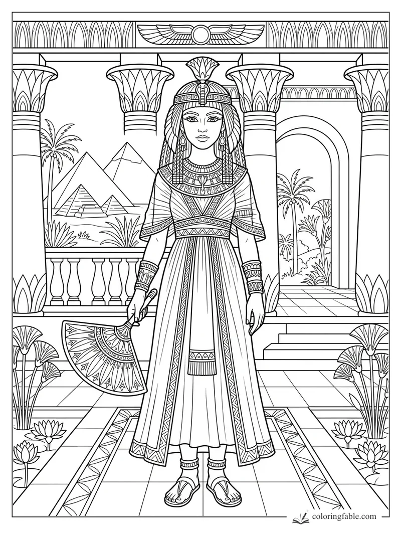 Egyptian princess holding a patterned fan between lotus columns, pyramids, palms, and papyrus flowers