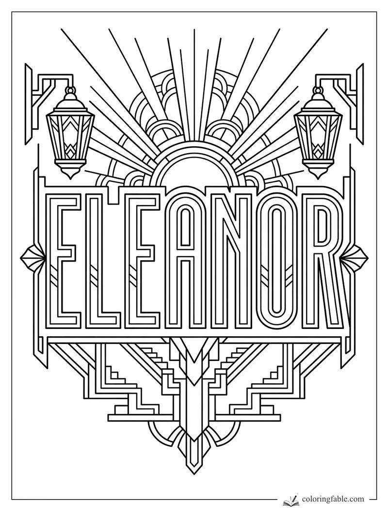 Art Deco Eleanor name coloring page with sunburst rays, twin lanterns, and geometric borders