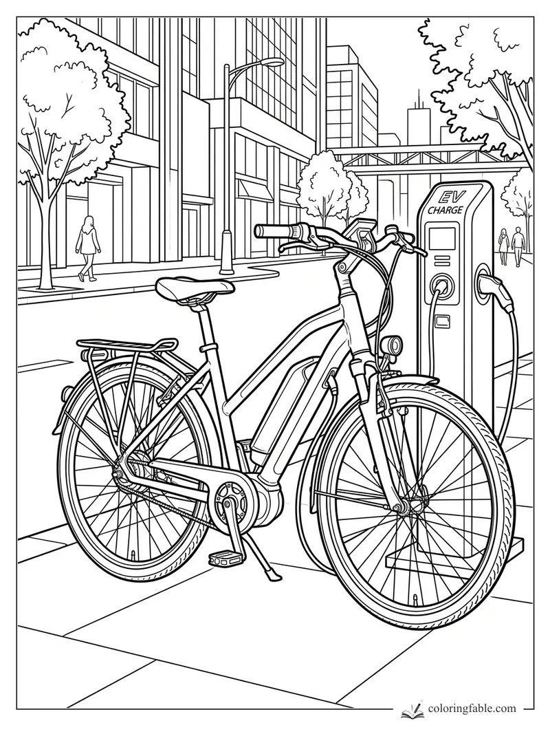 Electric bike parked by an EV charge station on a downtown sidewalk with tall buildings and trees