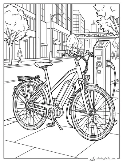 Electric bike parked by an EV charge station on a downtown sidewalk with tall buildings and trees