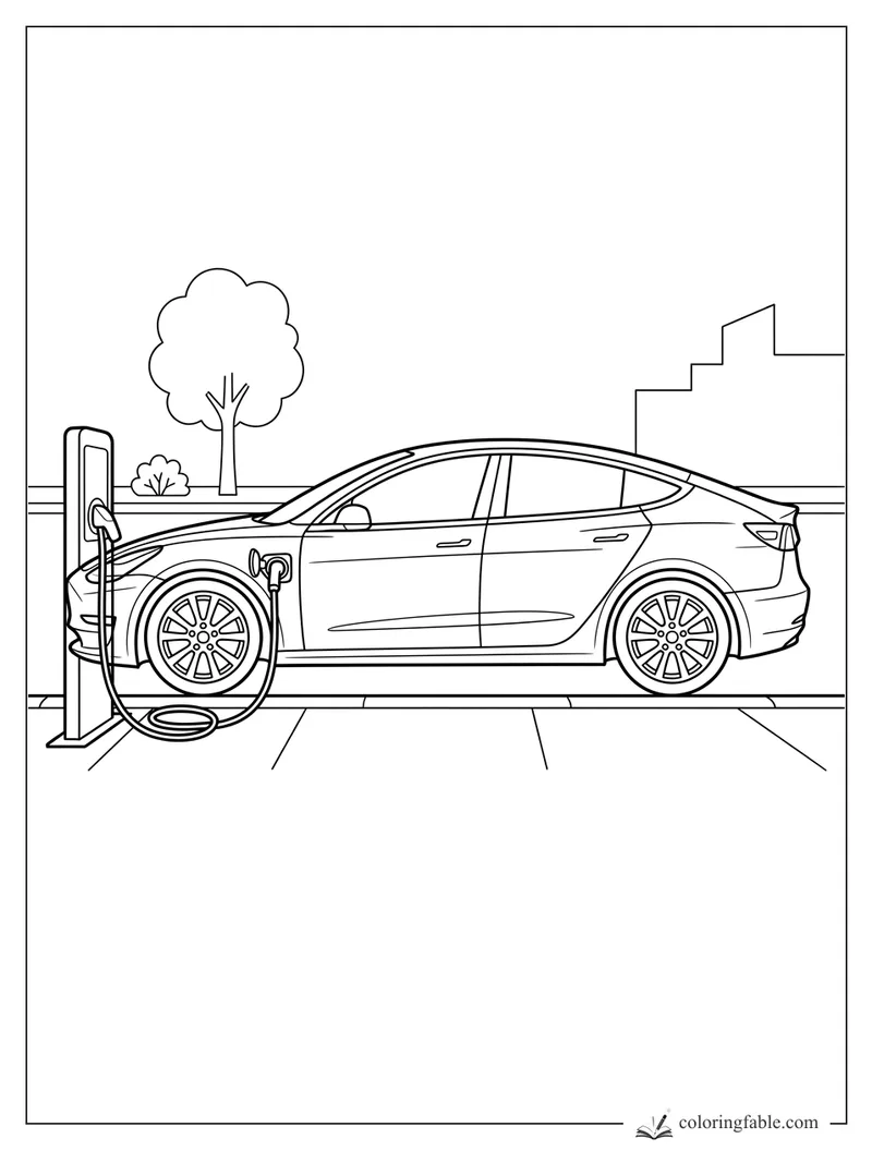 Electric sedan plugged into a curbside charging station with trees and city buildings behind it