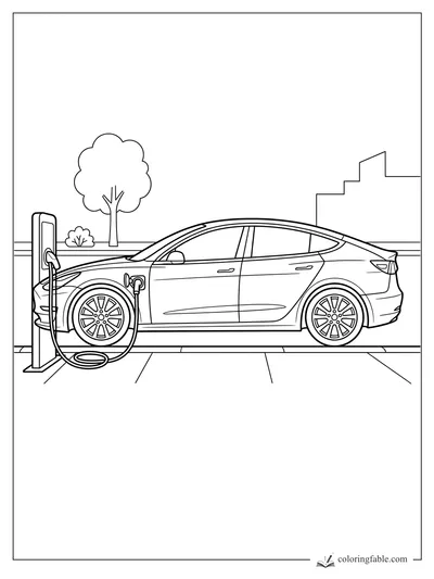 Electric sedan plugged into a curbside charging station with trees and city buildings behind it