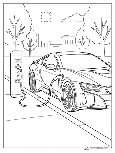 Electric sports car plugged into an EV charger beside park trees, city buildings, sun, and cloud