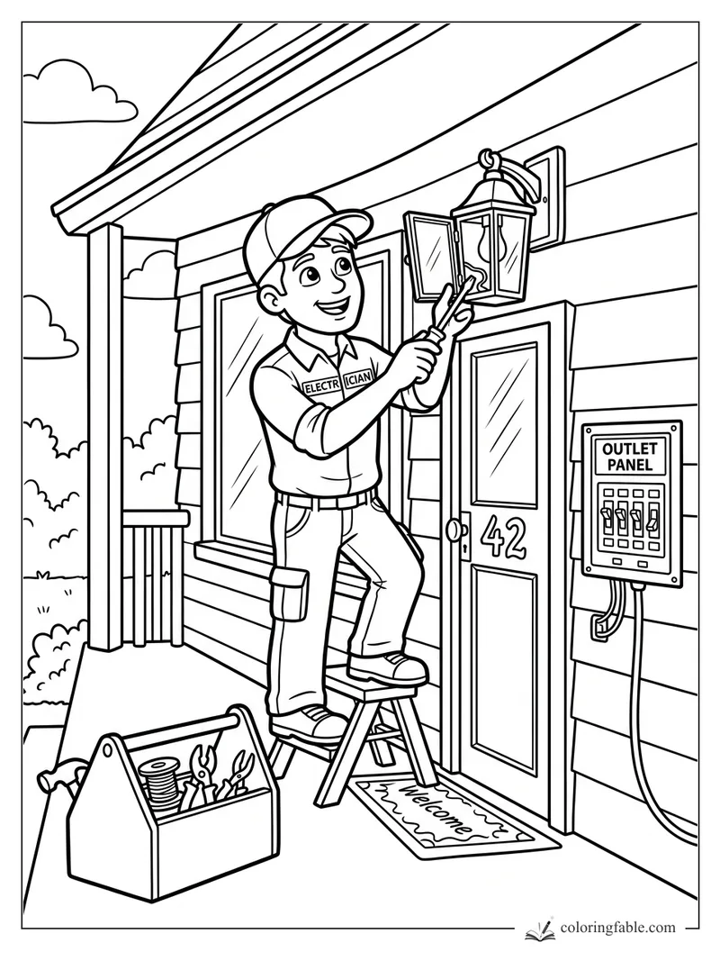 Cartoon electrician on a step stool fixing a porch lantern beside door 42 and an outlet panel.