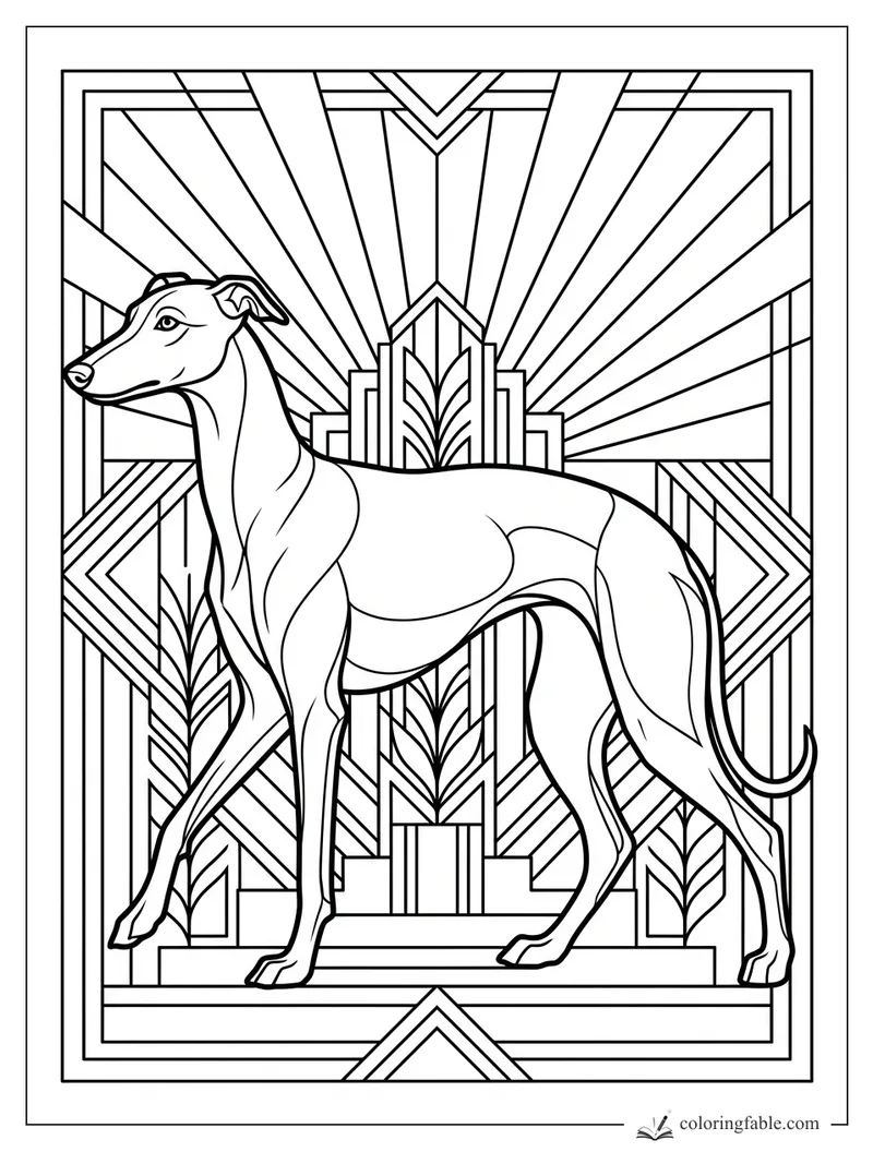 Art deco greyhound coloring page with sunburst rays, stepped panels, and fan-like leaf motifs.