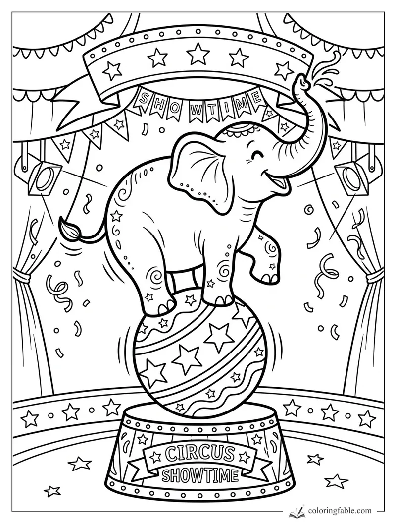 Cartoon elephant balancing on a decorated circus ball under a Showtime banner with stars and confetti