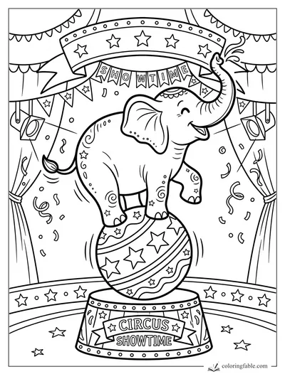 Cartoon elephant balancing on a decorated circus ball under a Showtime banner with stars and confetti