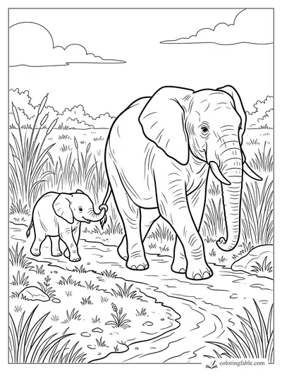 Elephant calf holding an adult elephant’s tail on a winding grassland path with reeds and clouds