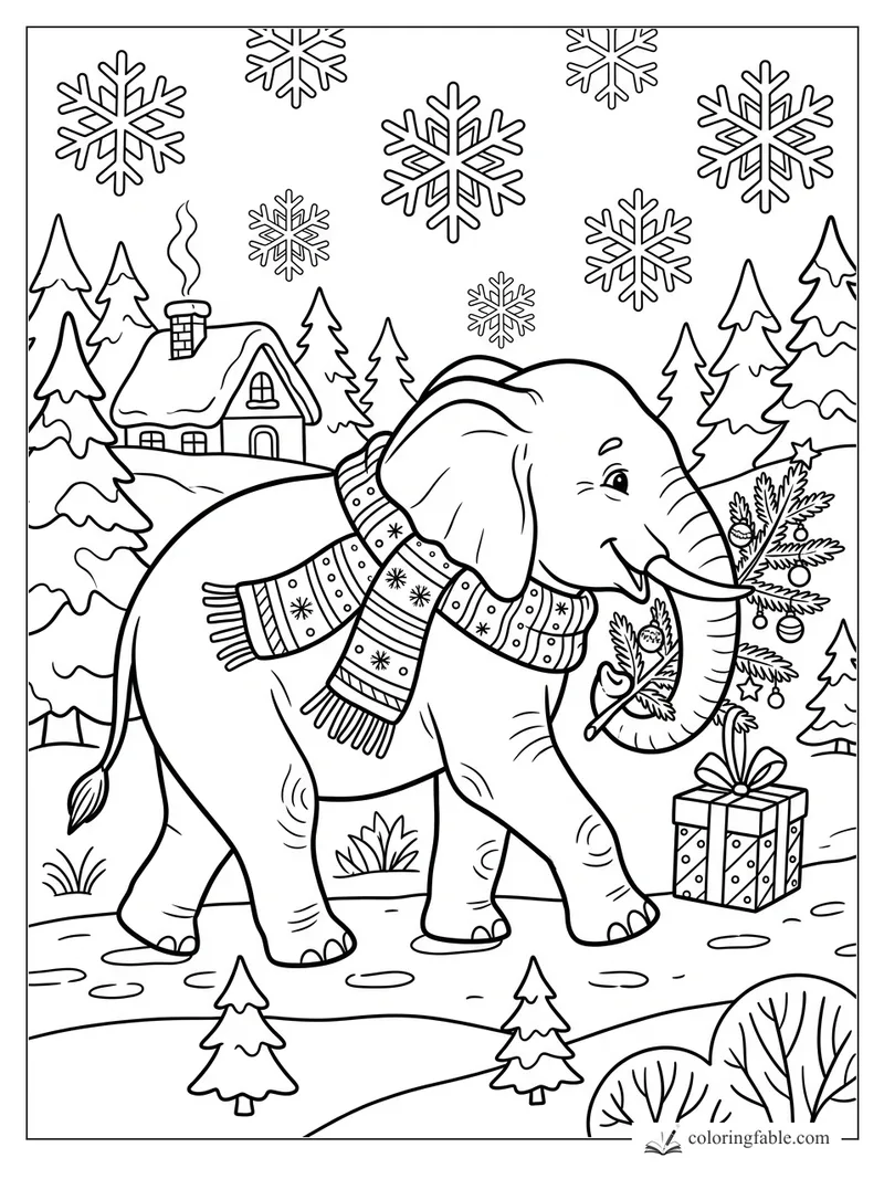 Smiling elephant in a patterned scarf carries a decorated pine branch through snowy woods by a cottage.