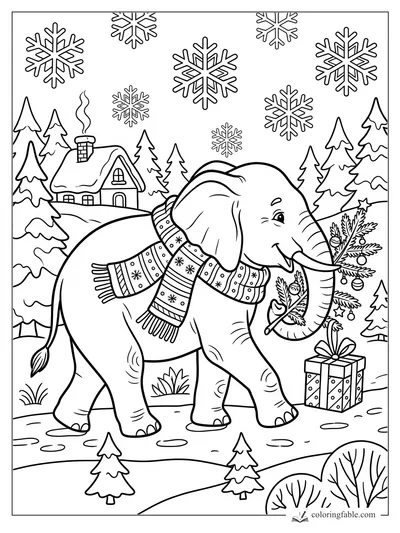 Smiling elephant in a patterned scarf carries a decorated pine branch through snowy woods by a cottage.