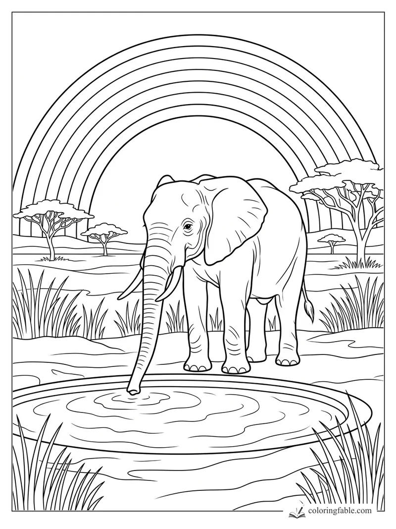 Realistic elephant drinking from a waterhole under a wide rainbow with acacia trees and tall grass