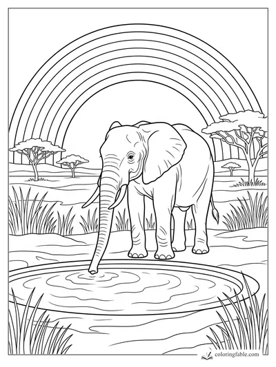 Realistic elephant drinking from a waterhole under a wide rainbow with acacia trees and tall grass