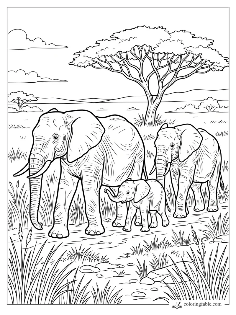 Elephant family walking past tall grass and an acacia tree on the savanna
