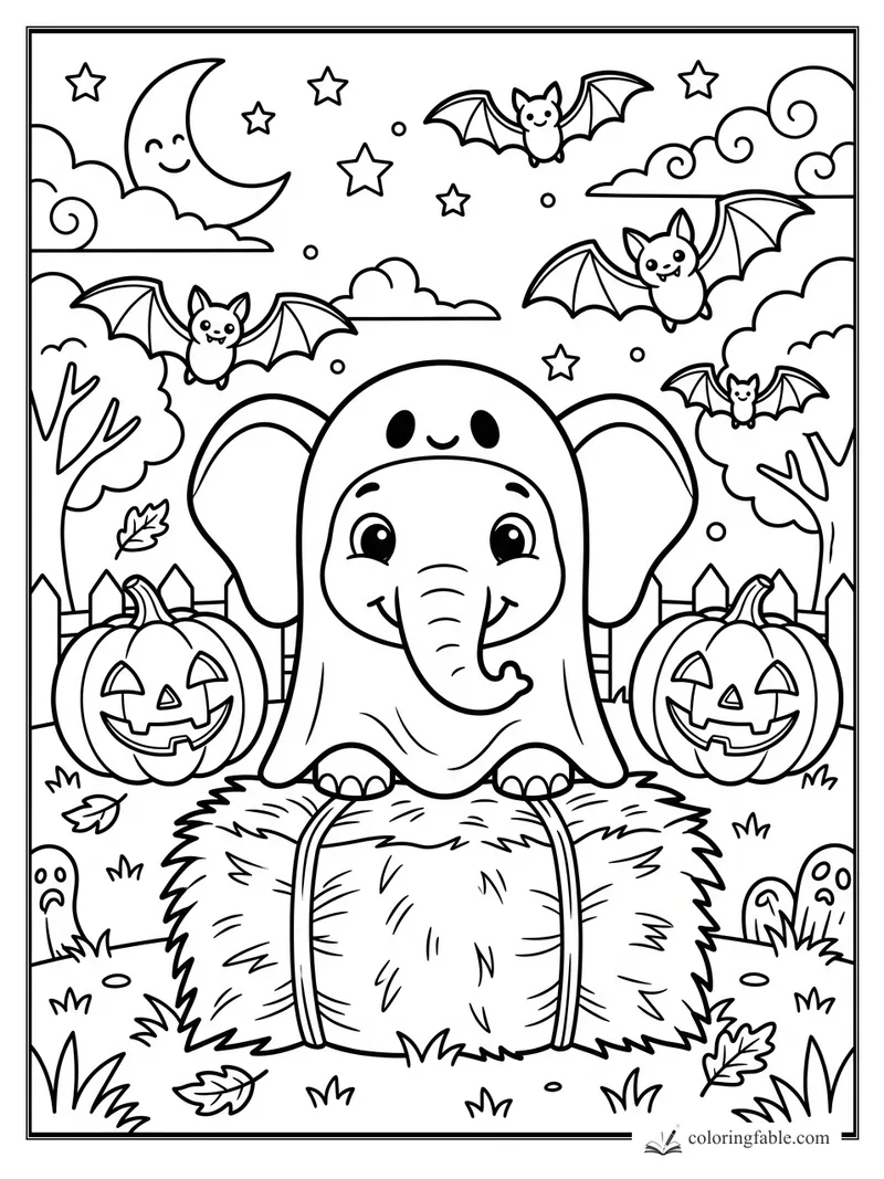 Cartoon elephant in a ghost costume on hay bales with bats, jack-o'-lanterns, moon, stars, and spooky trees