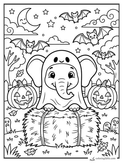 Cartoon elephant in a ghost costume on hay bales with bats, jack-o'-lanterns, moon, stars, and spooky trees