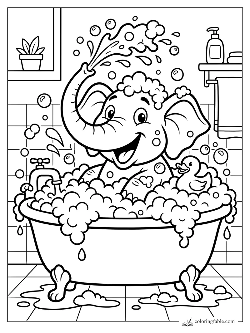 Cartoon elephant in a clawfoot bathtub spraying bubbles with a rubber duck and bathroom shelf nearby