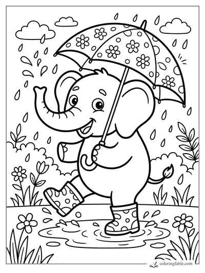 Cartoon elephant in rain boots splashing in a puddle under a flowered umbrella as raindrops fall.