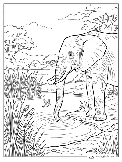 Elephant dipping its trunk in a pond with reeds, birds, trees, and clouds in a savanna wetland