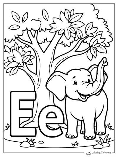 Easy letter E coloring page with smiling elephant, big E, small e, leafy trees, rocks, and grass.