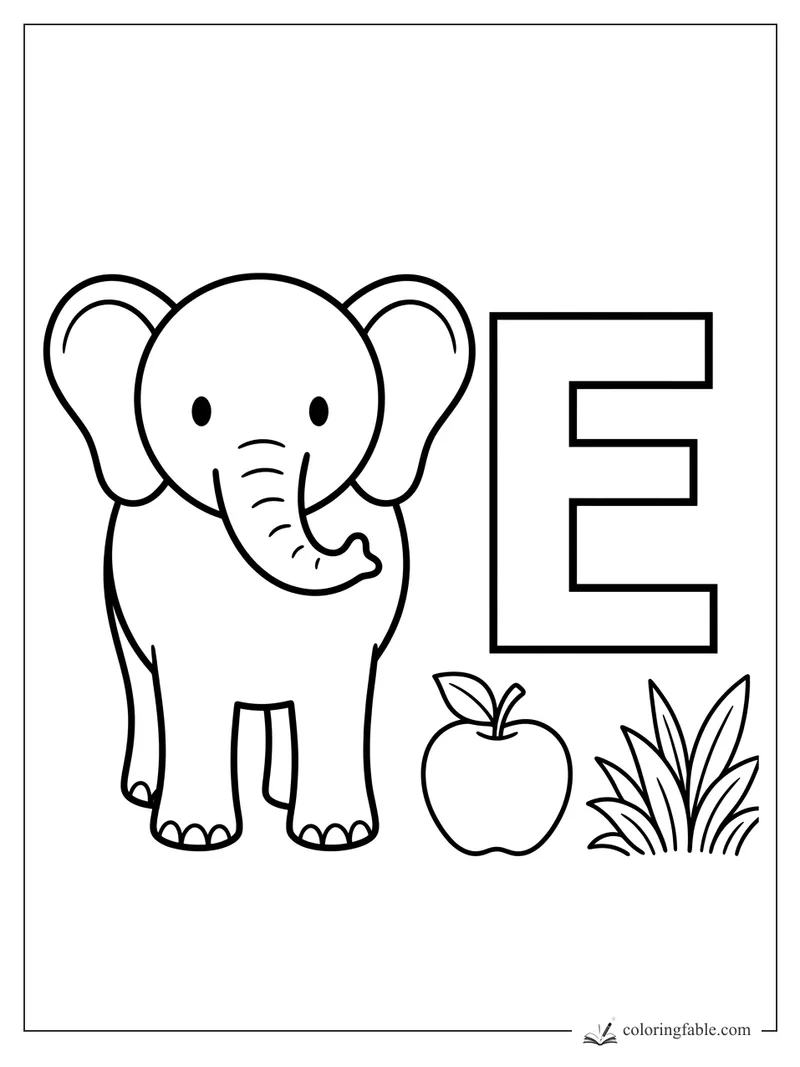Cute elephant coloring page with a big letter E, an apple, and tall grass.
