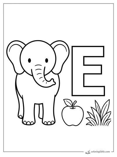 Cute elephant coloring page with a big letter E, an apple, and tall grass.