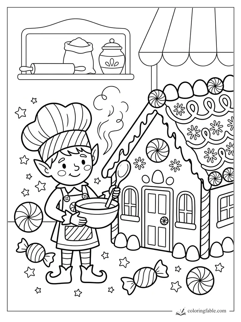 Smiling elf baker stirring a bowl beside a decorated gingerbread house and candy shop shelf
