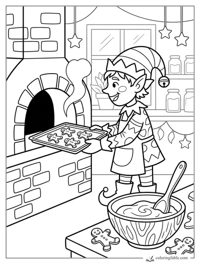 Elf baker holding a tray of gingerbread cookies beside a brick oven in a decorated kitchen