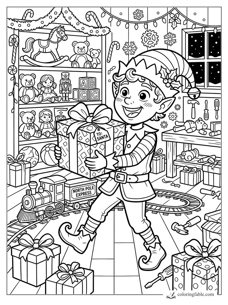 Cartoon Christmas elf carrying a To Santa present in a toy workshop with train, shelves, and snow outside.