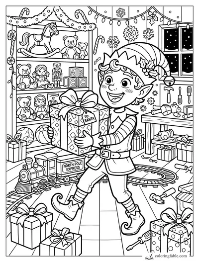 Cartoon Christmas elf carrying a To Santa present in a toy workshop with train, shelves, and snow outside.