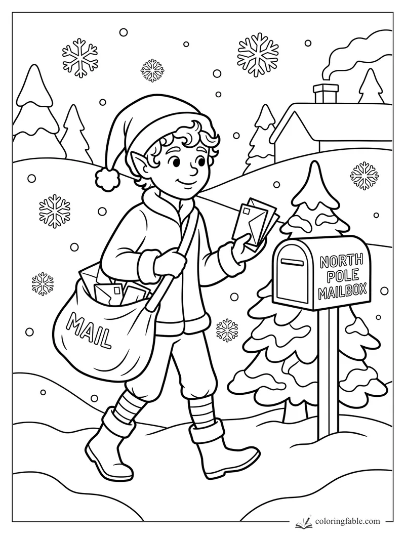 Smiling elf carries a mail sack and envelopes beside a North Pole mailbox in falling snow.