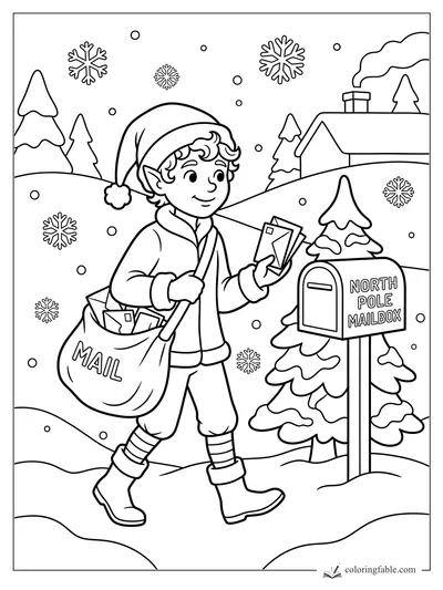 Smiling elf carries a mail sack and envelopes beside a North Pole mailbox in falling snow.
