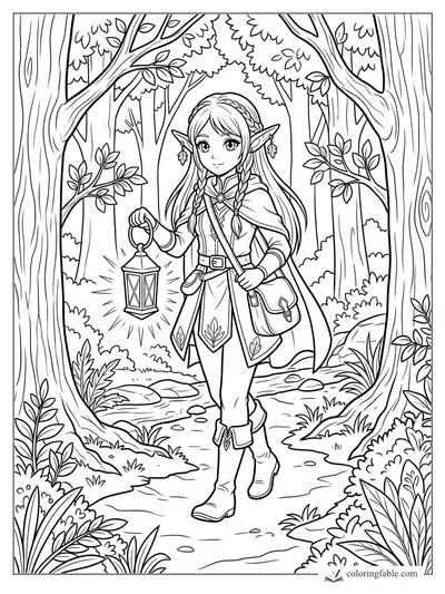 Manga elf girl carrying a glowing lantern through a leafy forest path with tall trees and ferns.