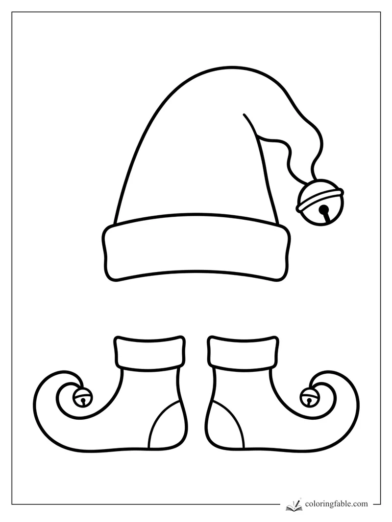 Minimalist elf hat with a dangling bell above two curled elf shoes with tiny bells