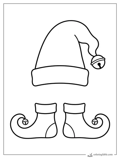 Minimalist elf hat with a dangling bell above two curled elf shoes with tiny bells