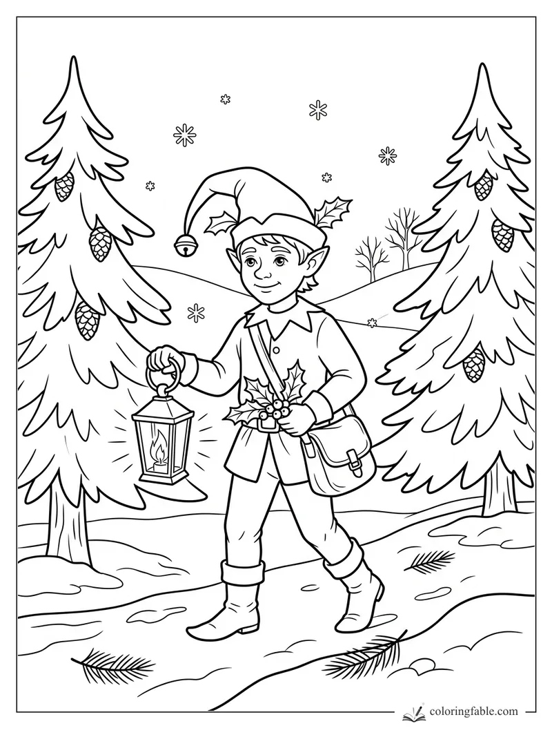 Realistic elf holding a glowing lantern between snowy pine trees with pinecones and falling snowflakes