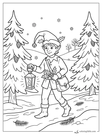 Realistic elf holding a glowing lantern between snowy pine trees with pinecones and falling snowflakes